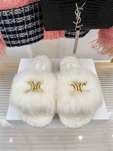 celine fur shoes|Celine fur triomphe slides.